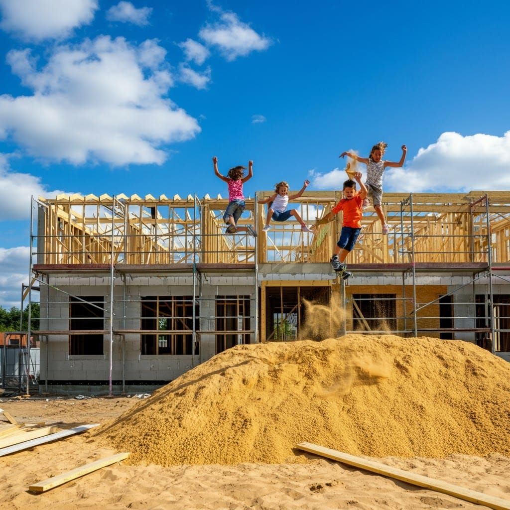 Kids Leap into Sand at Construction Site
