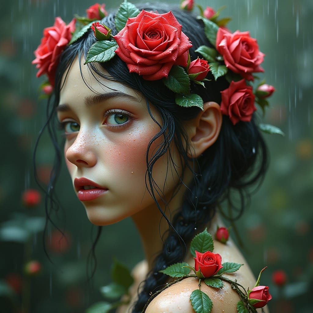 Floral Woman with Rose Thorns in Rainy Nature