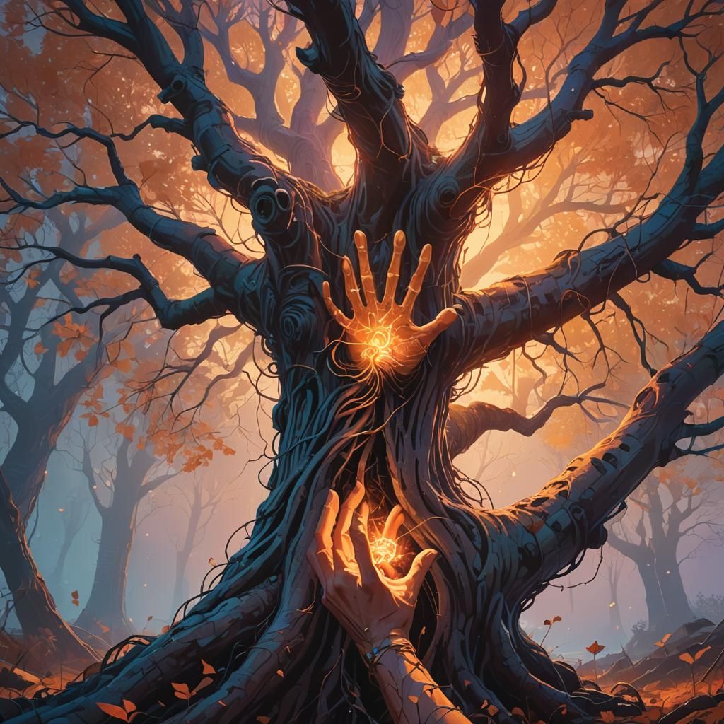 Mystical Tree Encounter in Fantasy Art Style