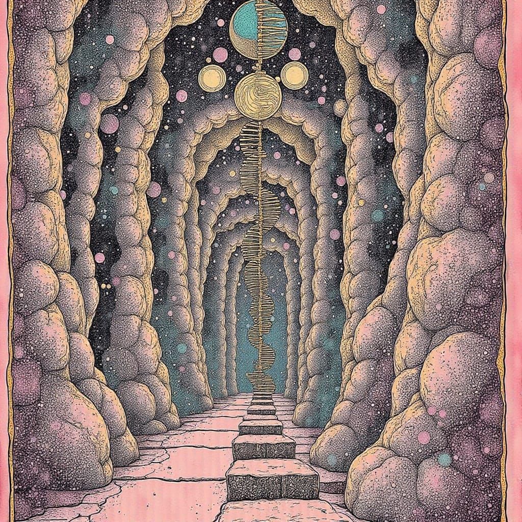 Majestic DNA Molecule Spiral Staircase in Vibrant Gold and T...