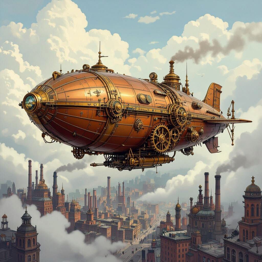Steampunk Airship Soaring Over Cityscape