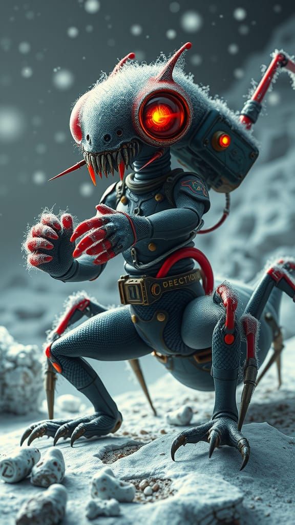 Biopunk Alien Engineer in Frosted Fantasy Landscape