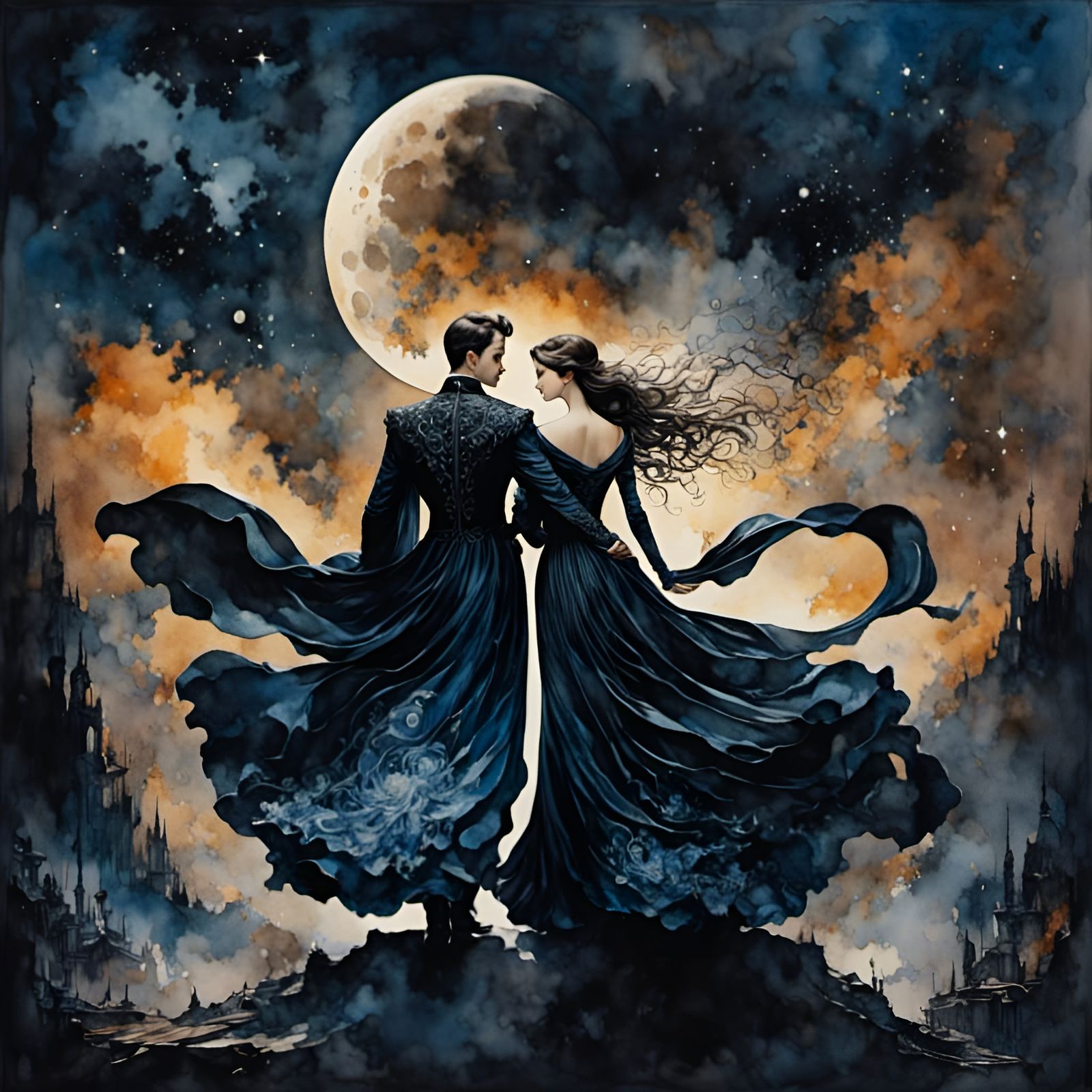 Romantic Watercolor of Lovers Under Starry Sky