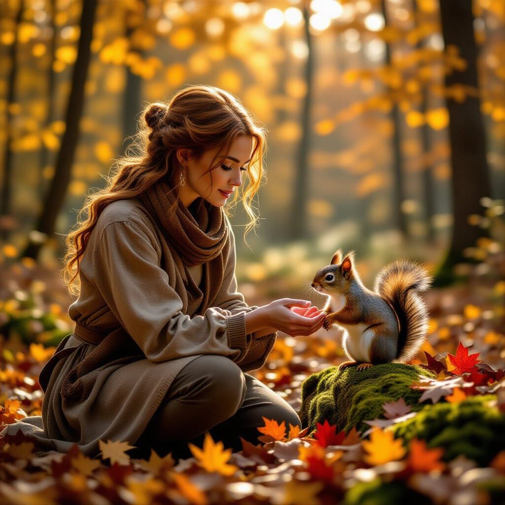 Woman and Squirrel in Autumn Forest Clearing