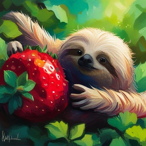 Baby Sloth Nap on Strawberry, Digital Art