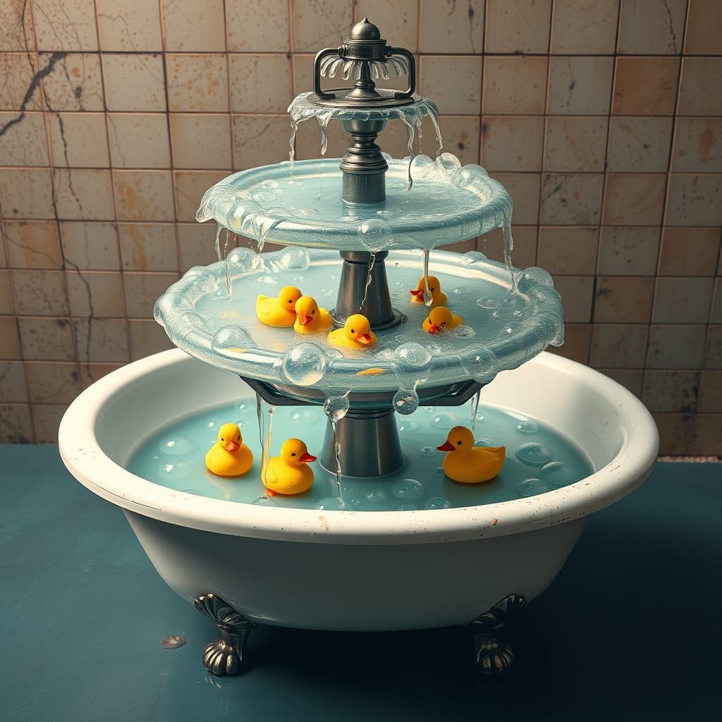 Dystopian Duckling Fountain in Futuristic Style