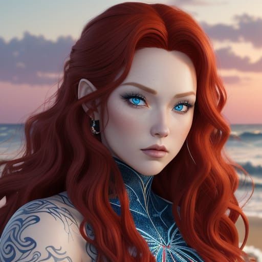 Surreal Vampire Goddess with Fae Wings and Vibrant Red Hair