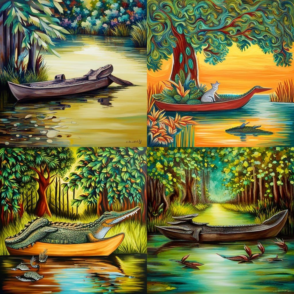 Alligator in Pirogue Boat: Louisiana Swamp Art