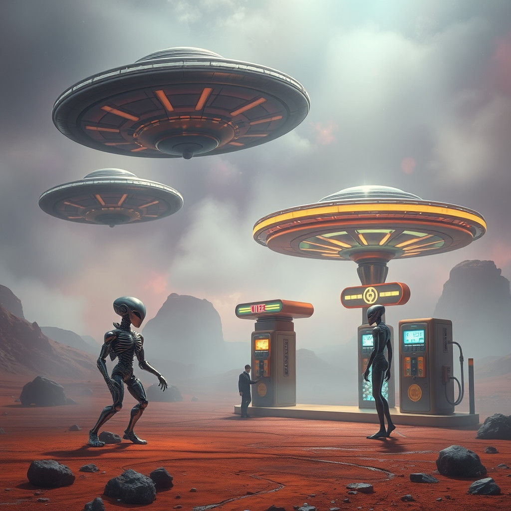 Martian Gas Station Oasis with Flying Saucers