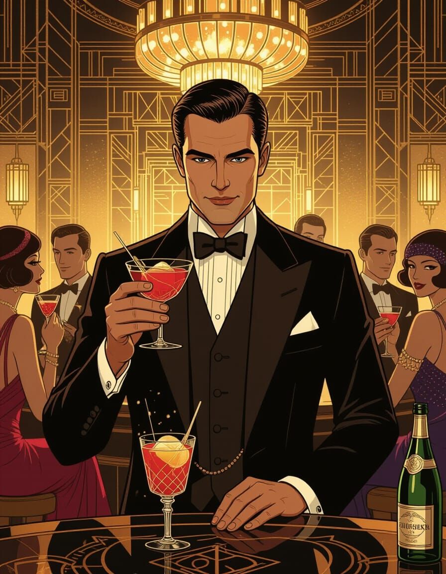 Gatsby in 1920s Speakeasy, Cel-Shaded Anime Style