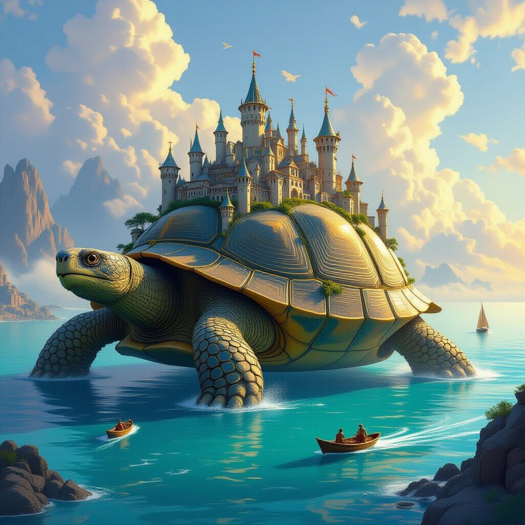 Medieval City on Colossal Tortoise Wading Through Azure Sea