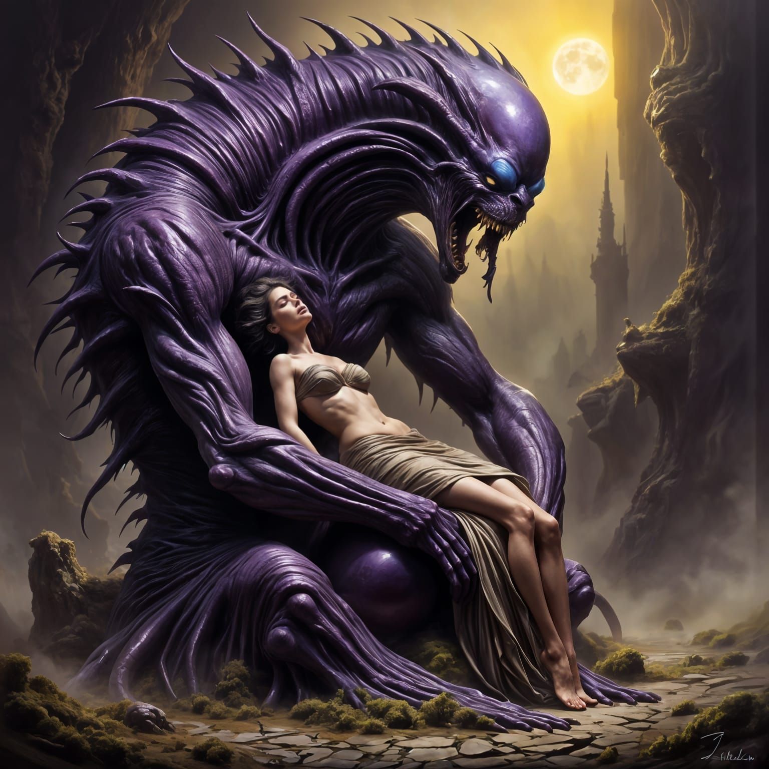 Dark Fantasy Beauty Captured by a Monster in a Cyberpunk Aes...