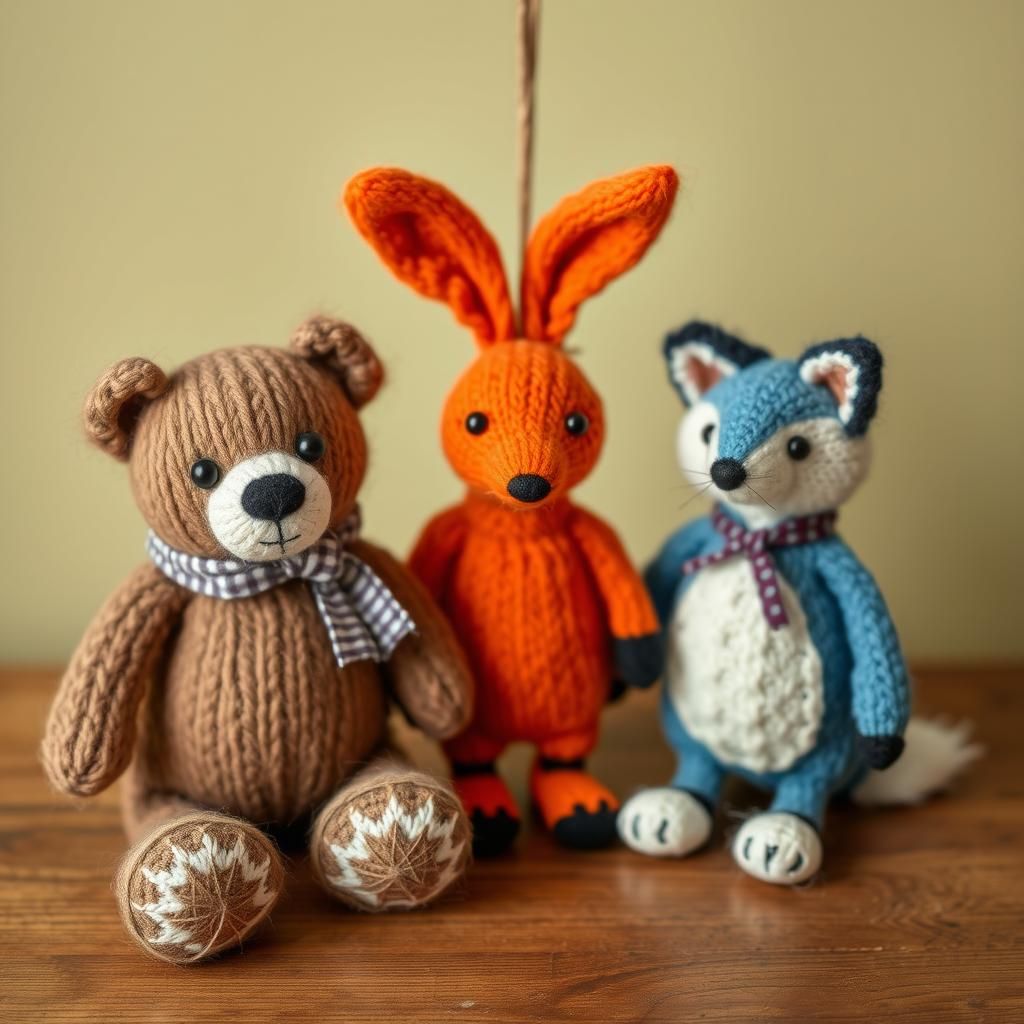 Woolen Bear, Bunny, and Fox on a Table