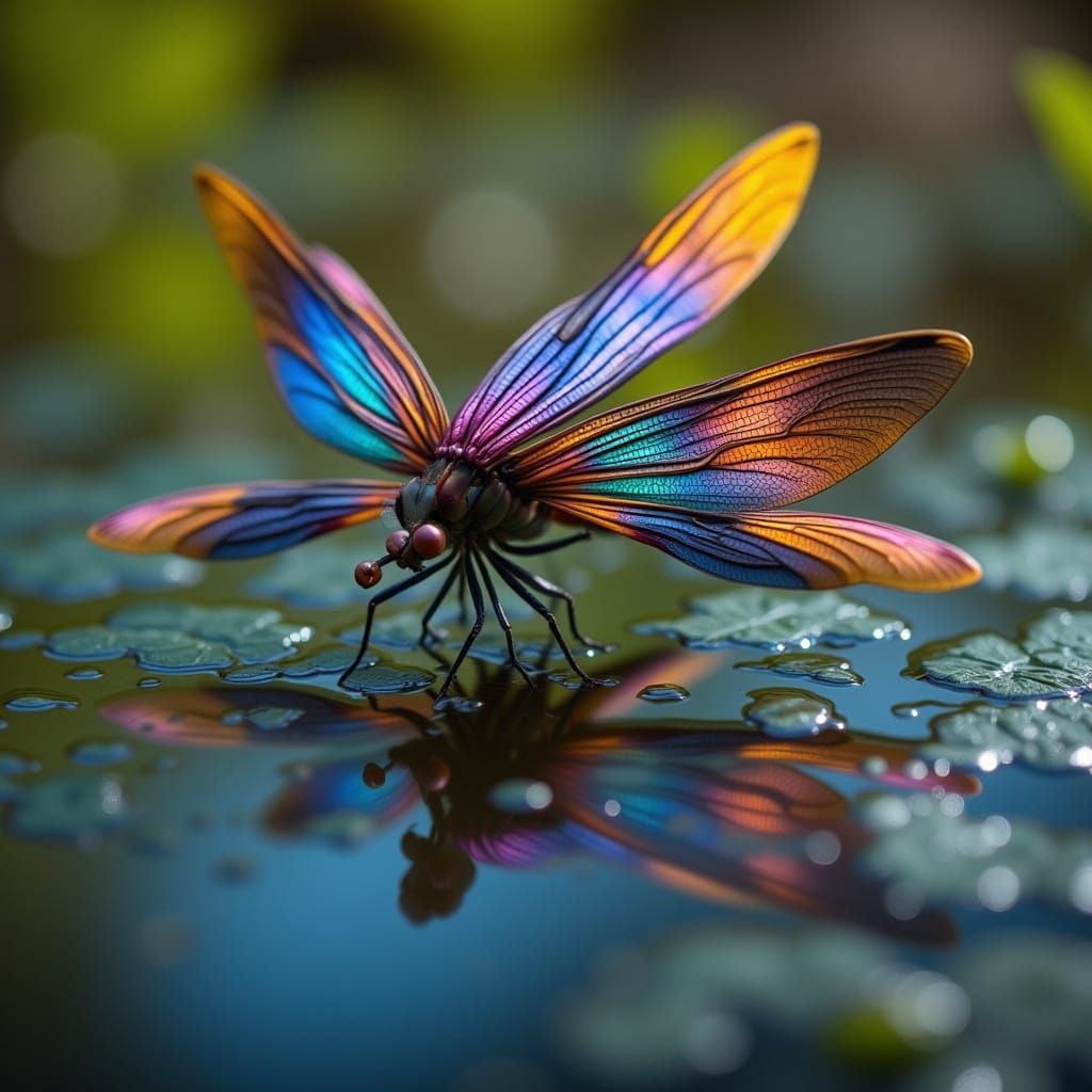 Detailed Multicolored Dragonfly Wings Reflected