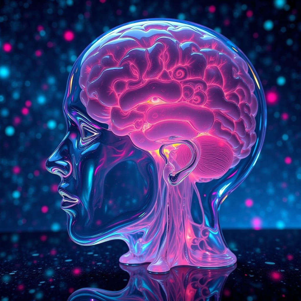 Glowing Glass Brain with Swirling Galaxy Thoughts