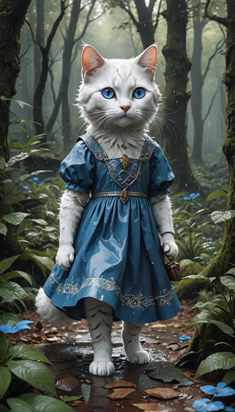 Cat in Blue Dress in Rainy Forest