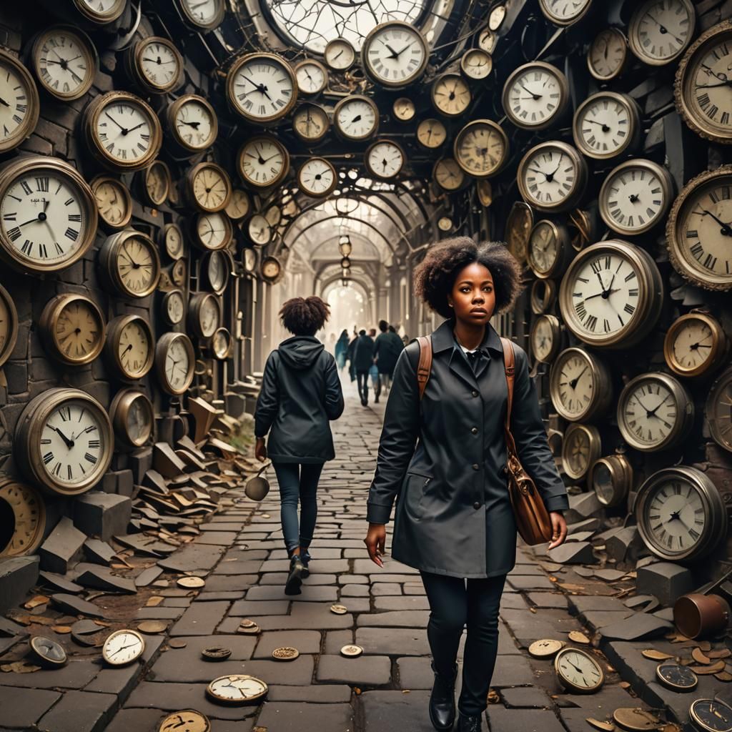Woman in a Landscape of Broken Clocks