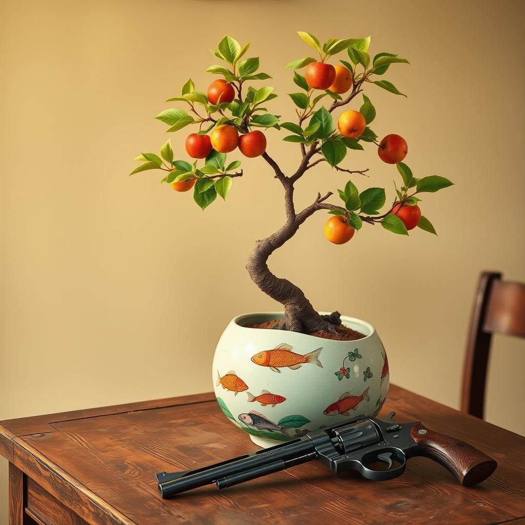 Surreal Bonsai Apple Tree with Swimming Fish