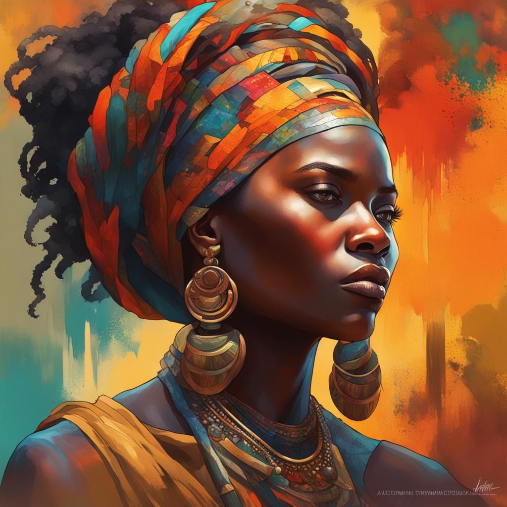 African Woman Portrait with Bird, Ethnic Art Style