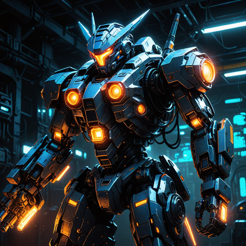 Cyberpunk Mech in Vivid Neon Lights