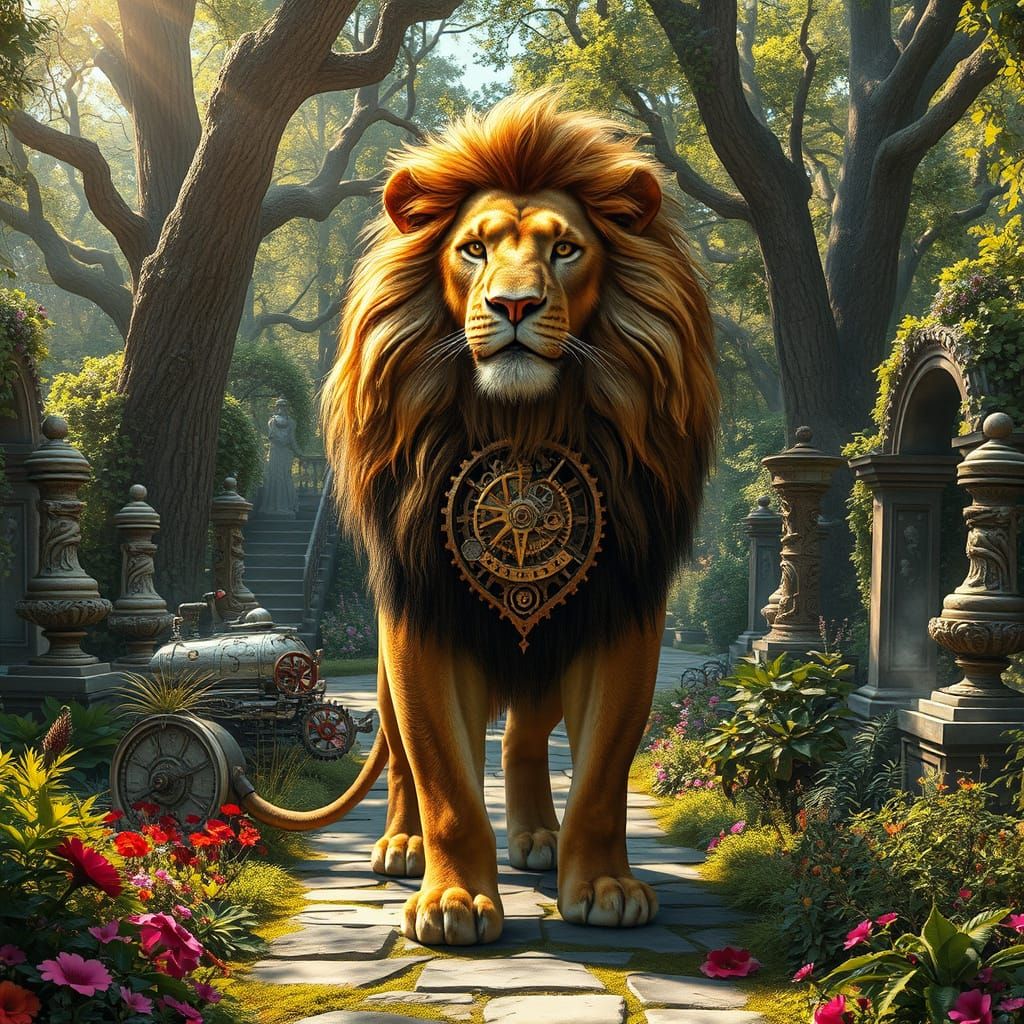 Steampunk Lion in Victorian Garden