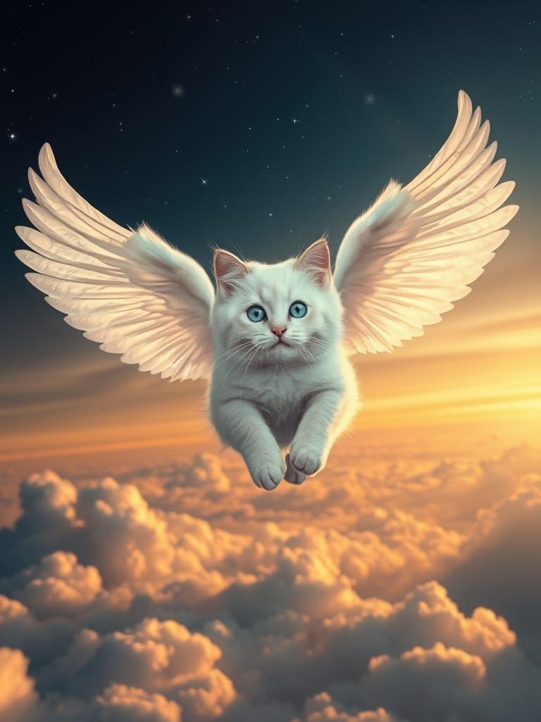 Angel Cat Soars Through Twilight Sky with Majestic Wings