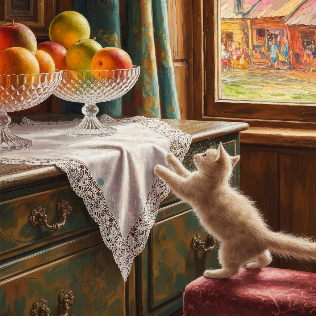 Cozy Russian Interior with Kitten, Oil Painting