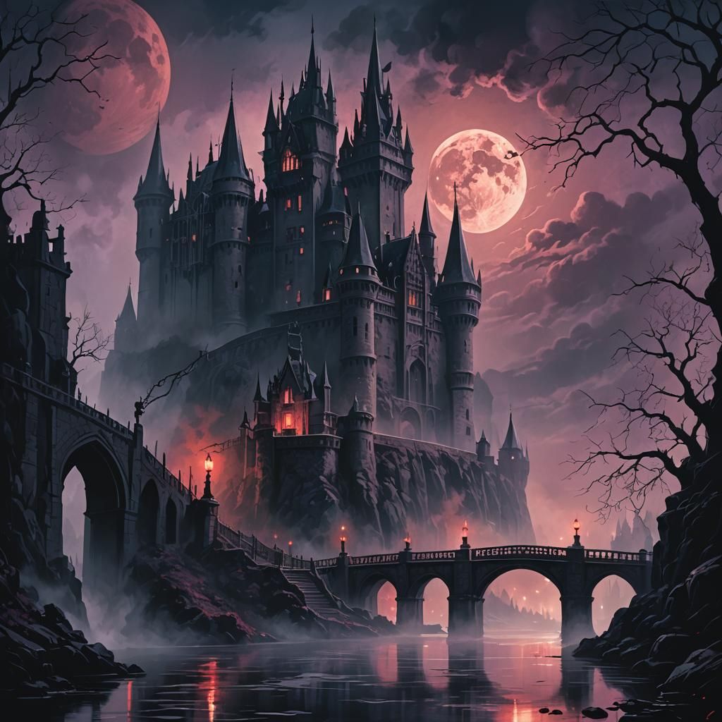 Eerie Gothic Castle Under Blood Moon Illustration