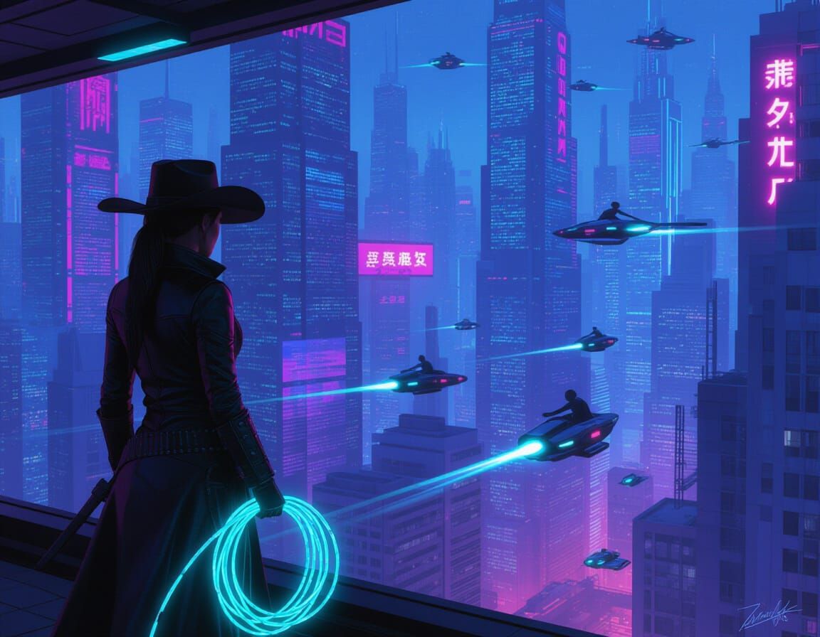 Cowgirl Surveys Neon Cyberpunk Cityscape