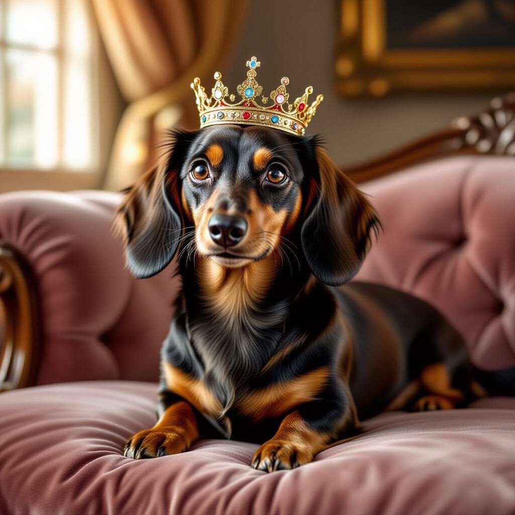 Regal Dachshund in Crown on Velvet Cushion