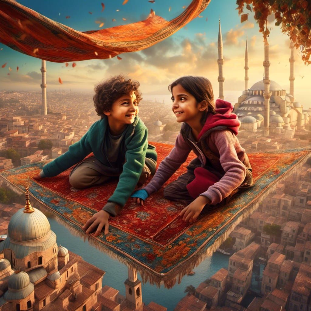 Arab Children on Flying Carpet Over Istanbul