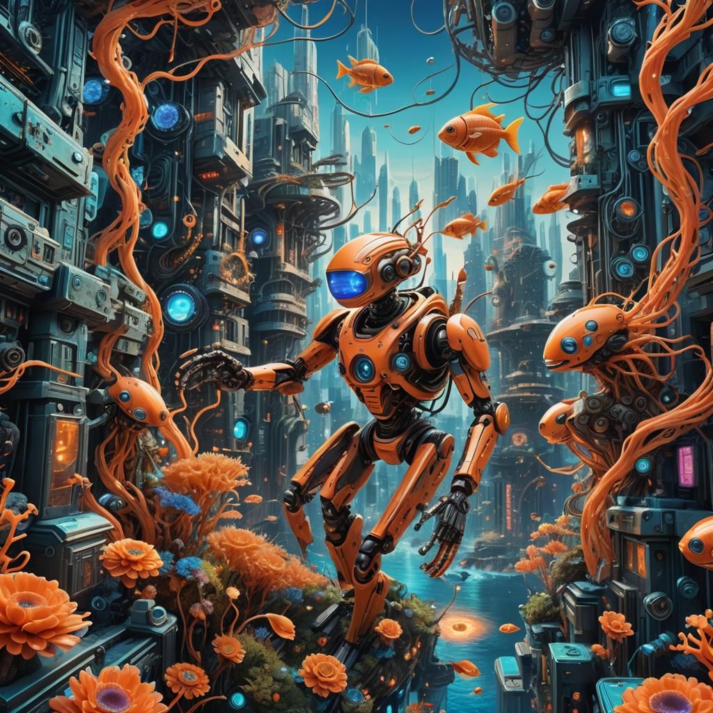 Surreal Coral Robots in Futuristic Cityscape