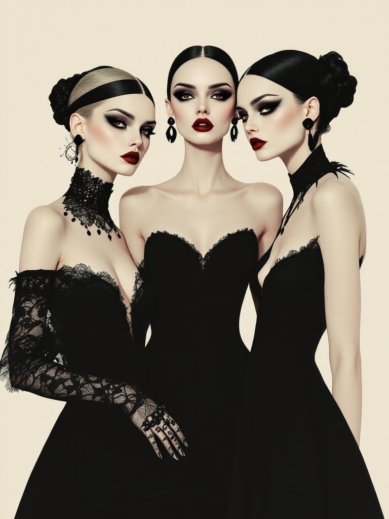 Geometric Female Figures in Gothic Couture Fashion Illustrat...