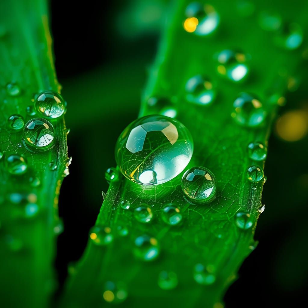 Delicate Dewdrops on Emerald Leaves in Macro