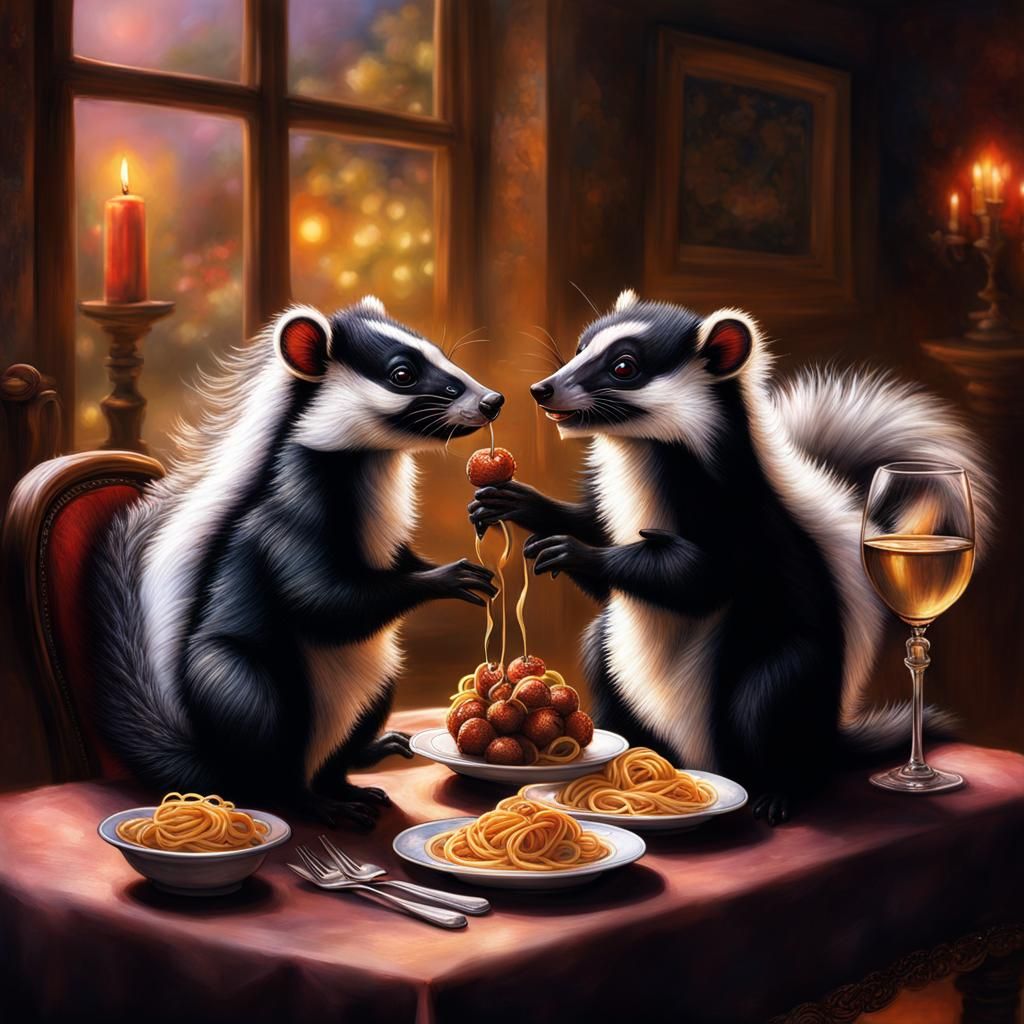 Two cute Skunks eating spaghetti with meatballs,