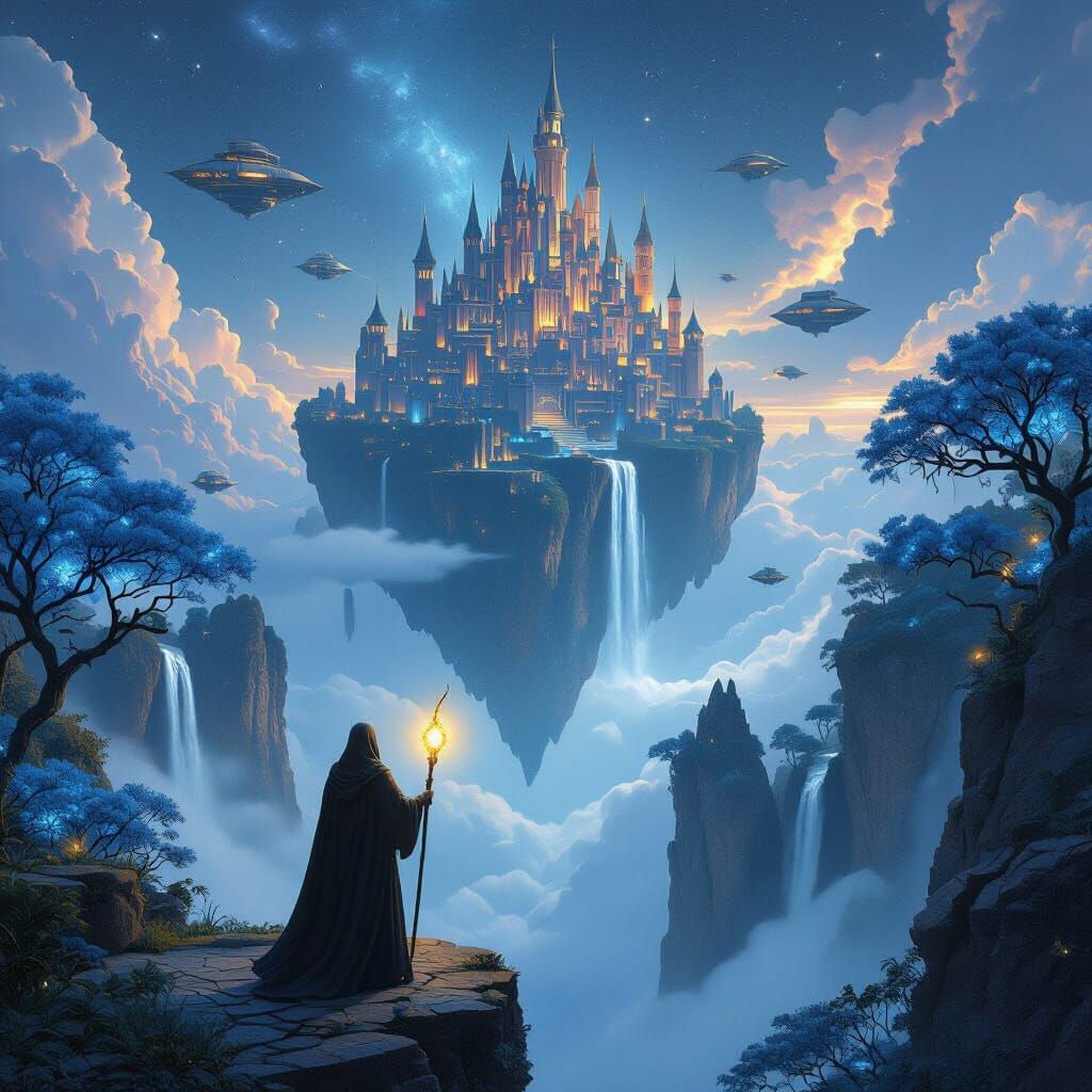 Fantasy City in Clouds with Waterfalls, Starry Night