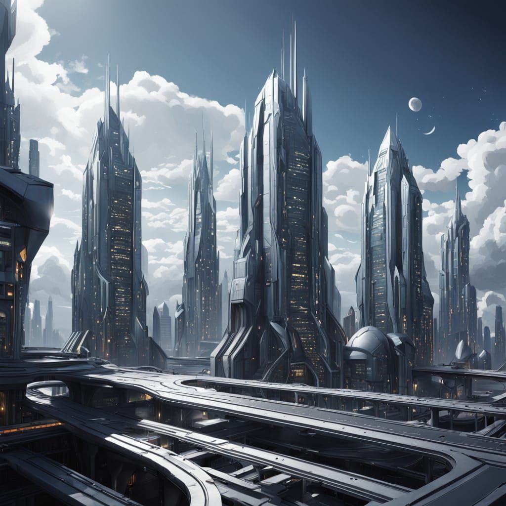 Futuristic Silver City: Photorealistic Digital Painting