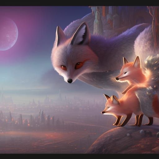 City on the Moon with Cute Foxes: Fantasy Art