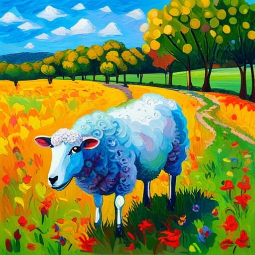 Neo-Impressionist Sheep Grazing in Field