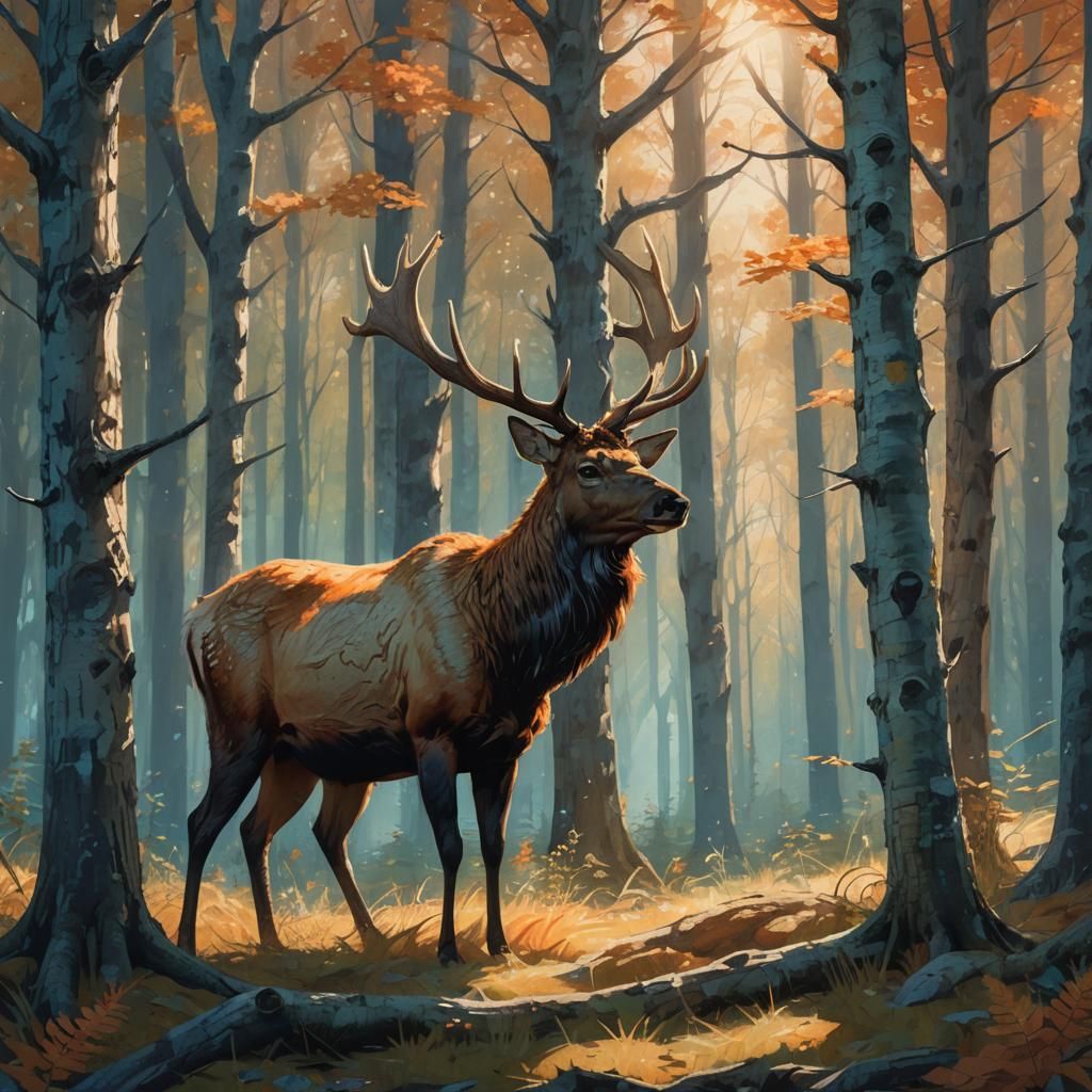 Elk in Sunlit Forest Clearing: Fantasy Art