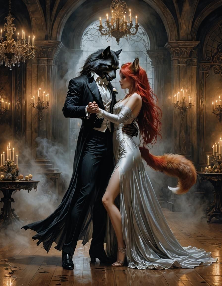 Foxgirl and Werewolf Dance in Candlelight, Dark Fantasy Art