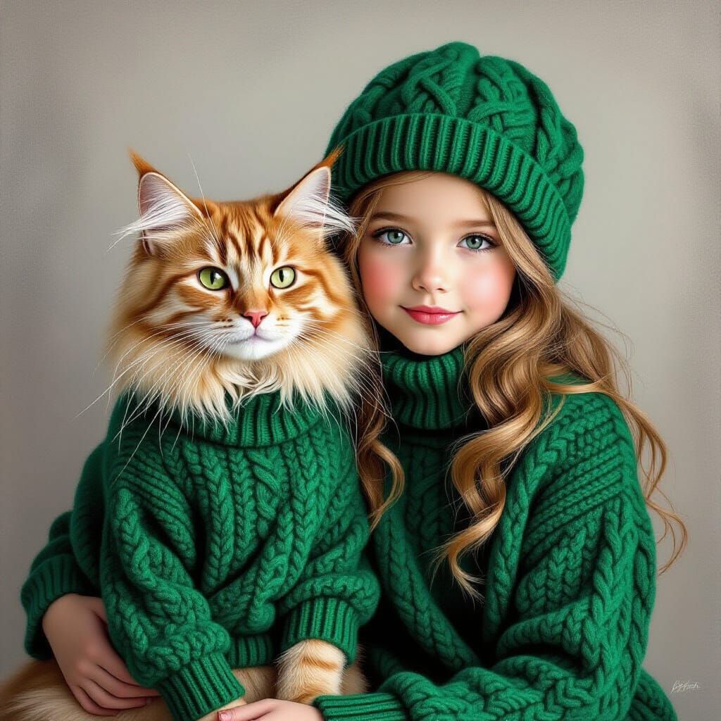 Girl and Cat in Green Sweaters: Surreal Pencil Drawing