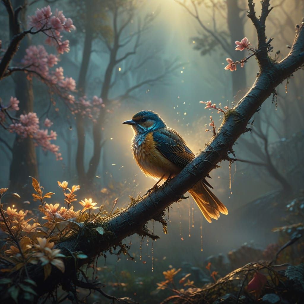 Vibrant Blossom Tree Bird in Mystical Forest