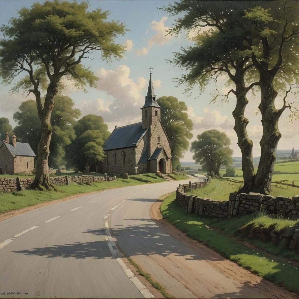 Country Road with Church and Celtic Crosses