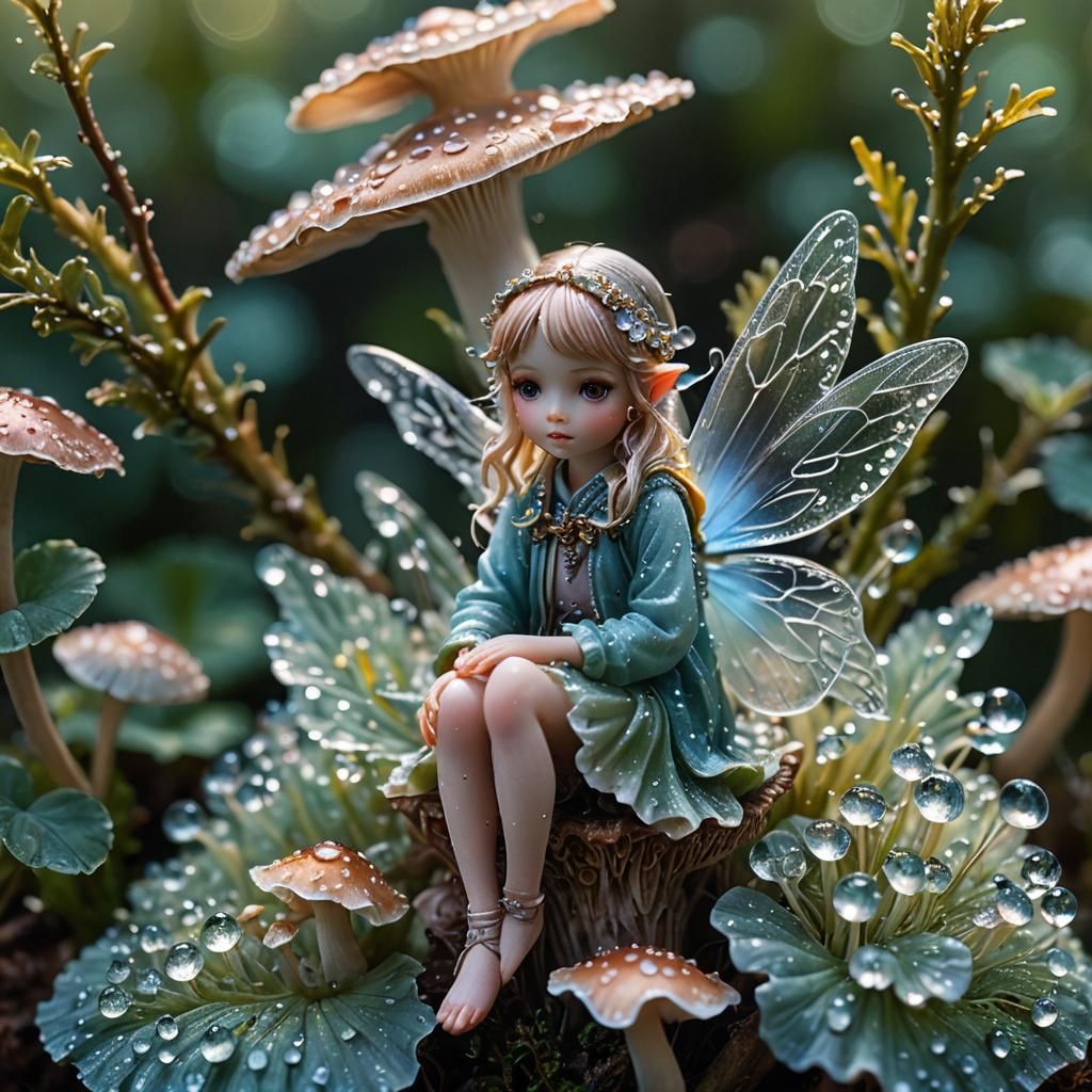 Macro photography of a tiny fairy sitting on a mushroom. Dew...