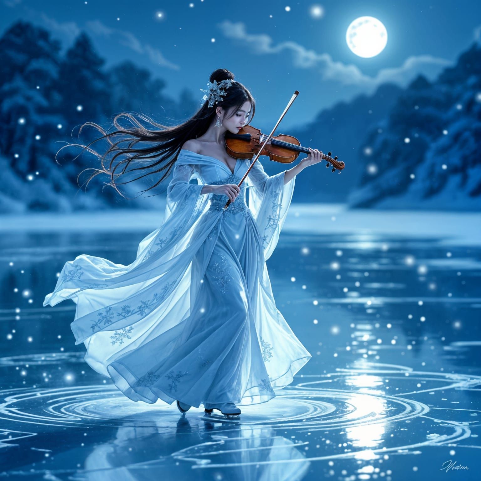 Japanese Woman Ice Skating with Glass Violin Under Full Moon