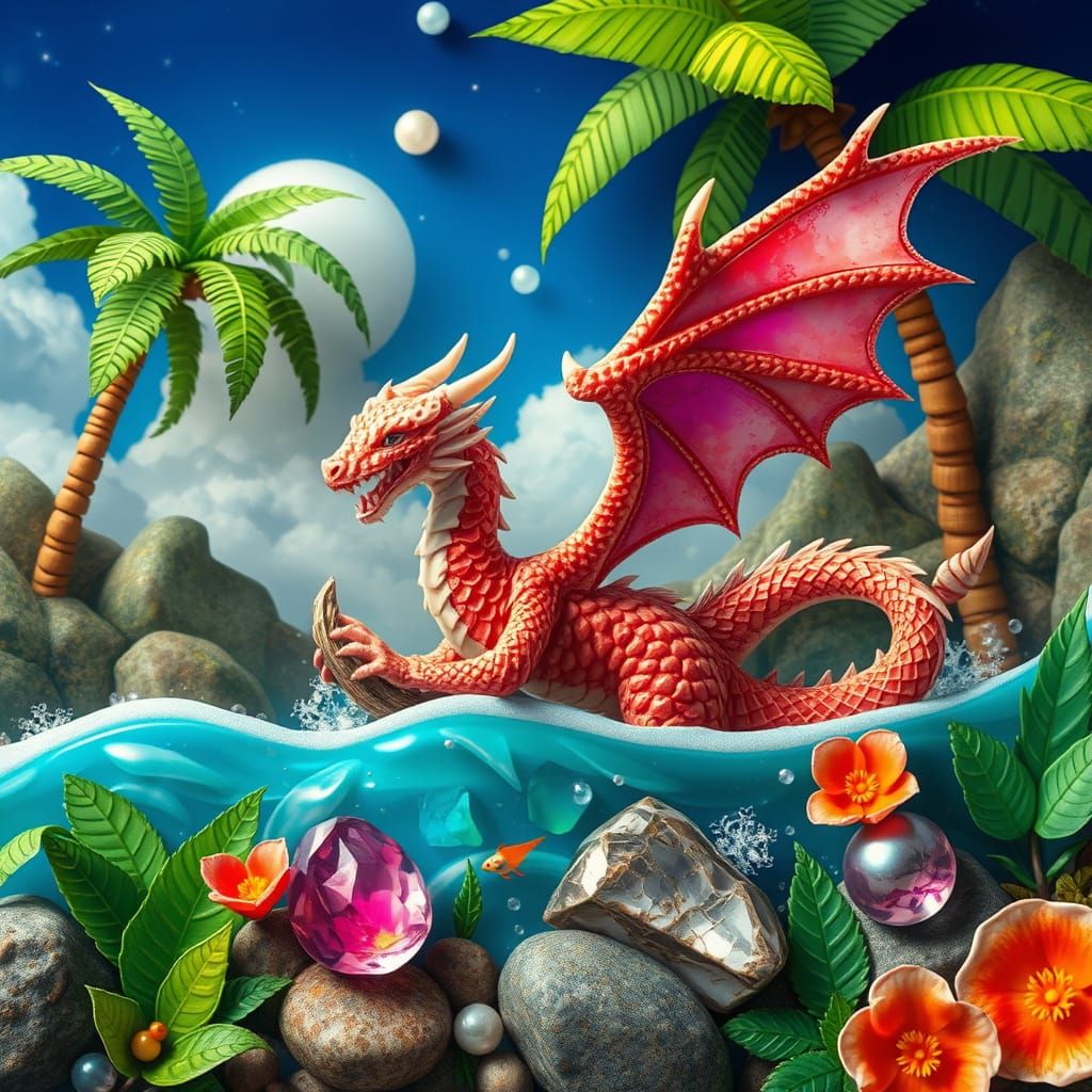 Dragon Navigator in Tropical Stone Art: Dreamy Fantasy Scene