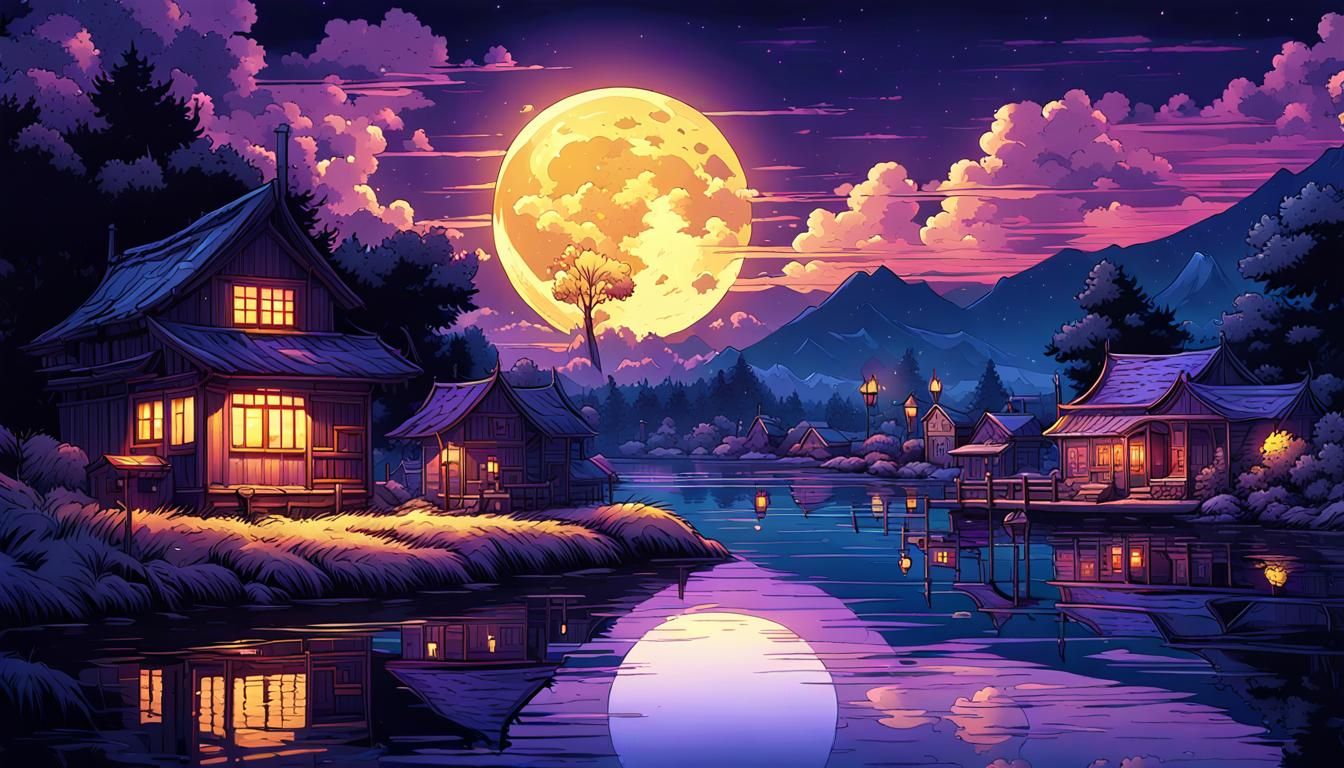 Moonlit Village Serenity in Comic Book Style