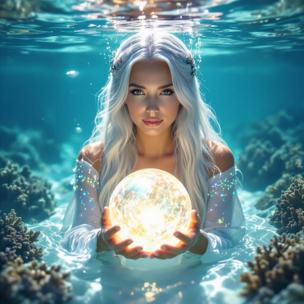Serene Underwater Vision: Woman with Glowing Orb