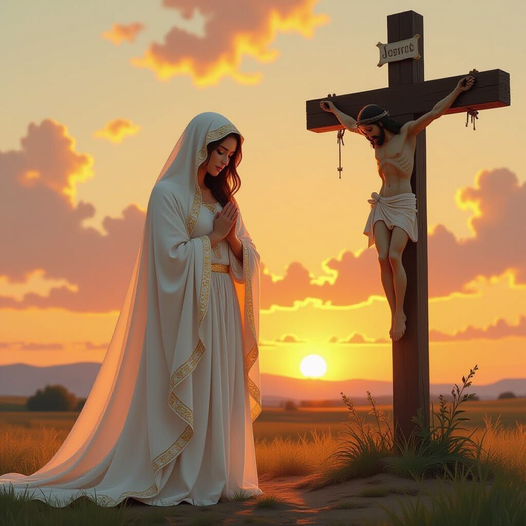 Mary at the Cross: A Sunset Scene in Art Nouveau Style